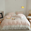 GobekUsa French Carved Velvet Lace Ruffles Bedding Set, Coral Velvet Duvet Cover, Luxury Bed Sheet
