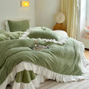 GobekUsa French Carved Velvet Lace Ruffles Bedding Set, Coral Velvet Duvet Cover, Luxury Bed Sheet