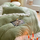 GobekUsa French Carved Velvet Lace Ruffles Bedding Set, Coral Velvet Duvet Cover, Luxury Bed Sheet