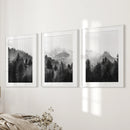 Black White Forest Triptych. Misty Mountains Nature Posters by Wall Art Set