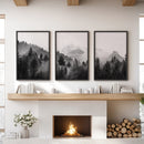 Black White Forest Triptych. Misty Mountains Nature Posters by Wall Art Set