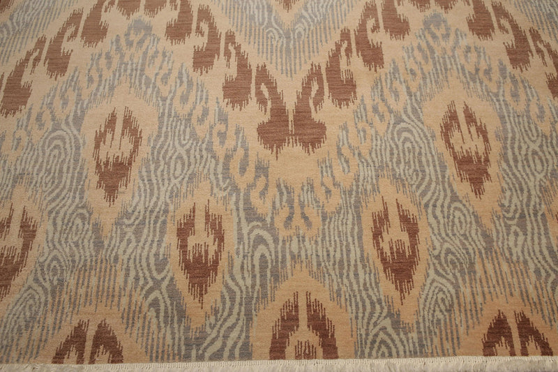 8' x 10' Hand Knotted Ikat Design 100% Wool Pile Area Rug Tan