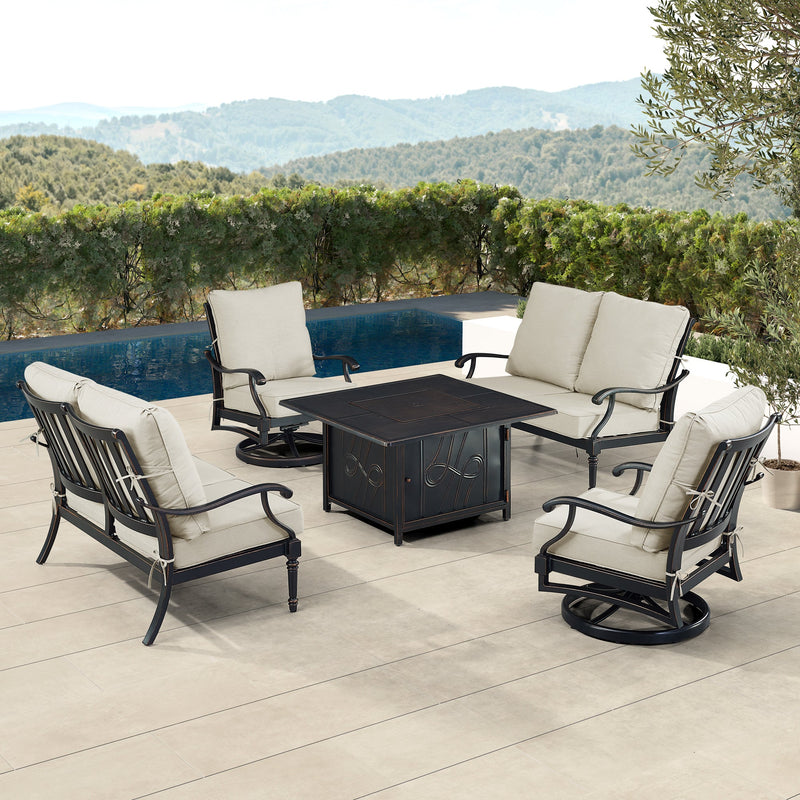 Black Aluminum Fire Table Set with Two Loveseats and Two Club Chairs