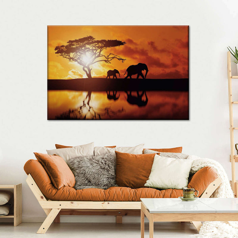 Elephant Silhouettes At Sunset Wall Art