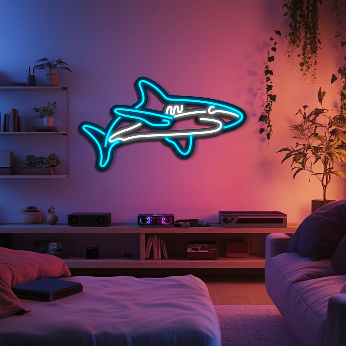 Shark Metal Neon Wall Art- LN0216, installed in a room