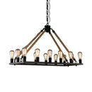 GobekUsa Modern 10/14 Lights Rectangle Hanging Lamp - Loft Style Black Metallic with Rope Island Lighting