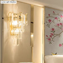 GobekUsa Modern 3-Headed Crystal Wall Sconce with Gold 4-Layer Mount