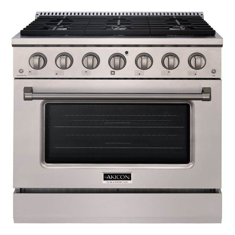 Akicon 36" Stainless Steel Range Hood with 600 CFM Insert & 6-Burner Gas Range Combo – Powerful Ventilation, Convection Oven, Multiple Finishes