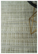 Blended Wool Area Rug 8x10 Olive White Brown Striped Flatwoven Scandinavian
