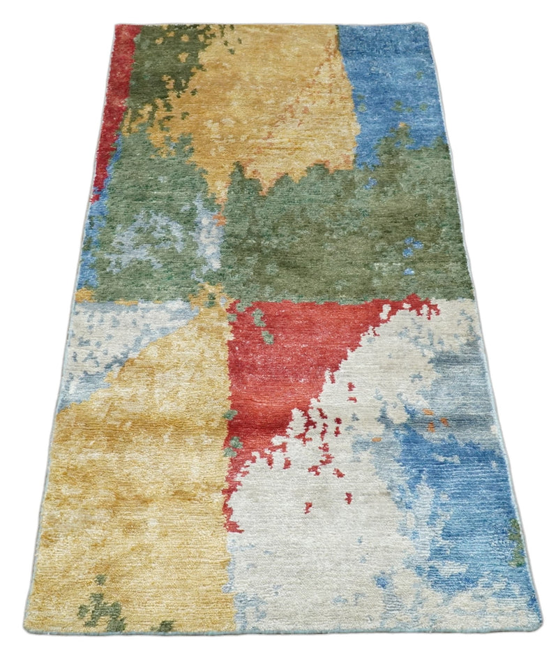 Modern Abstract 2x4 Blue, Red and Gold Hand Knotted Entryway bamboo silk Area Rug | TRD3152224