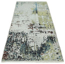 Modern Abstract 2x4 High Low Ivory and Olive Real Silk and Wool Rug made | N1924