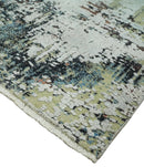 Modern Abstract 2x4 High Low Ivory and Olive Real Silk and Wool Rug made | N1924