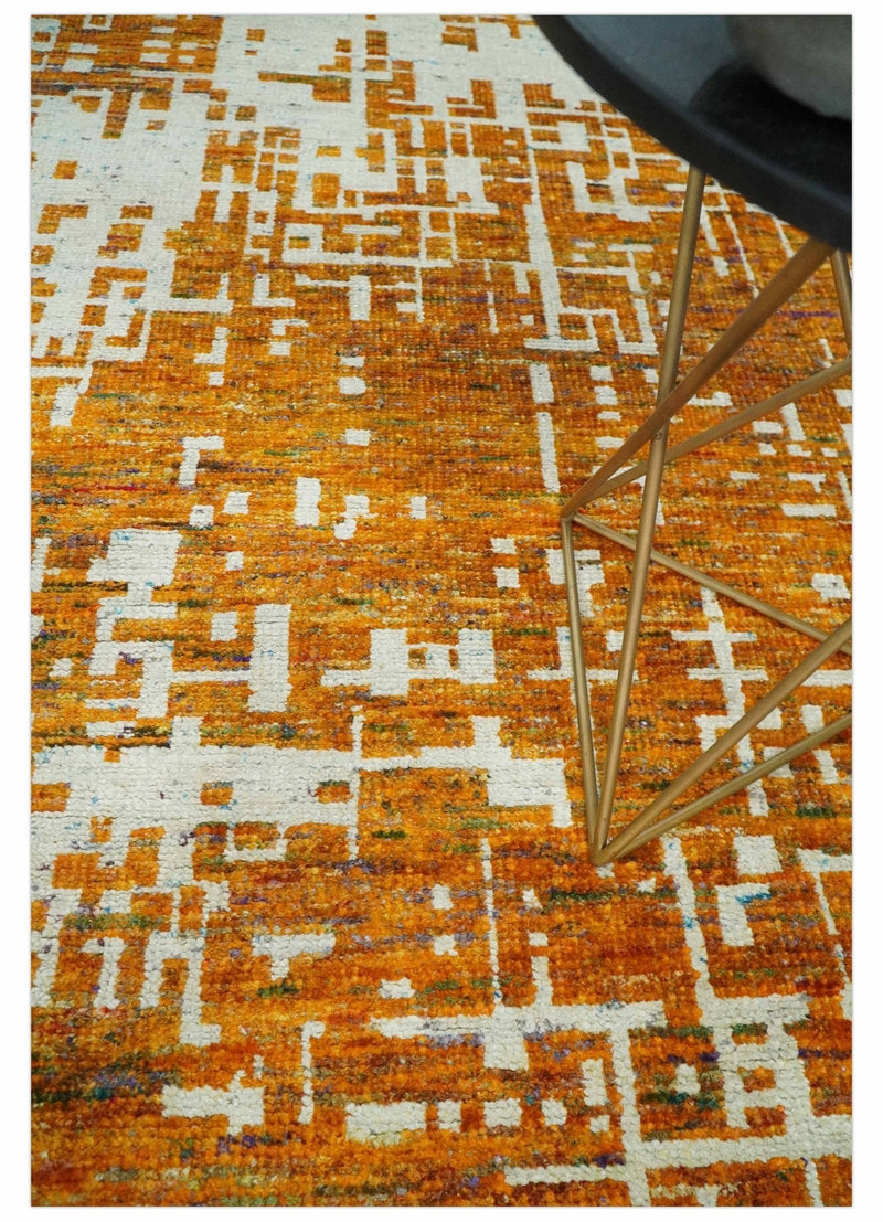 Modern Abstract 5x8 and 5.5x8.5 Gold and Ivory Recycled Art Silk Area Rug