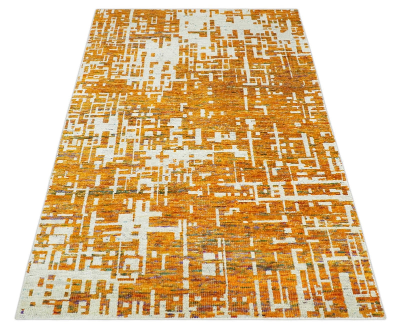 Modern Abstract 5x8 and 5.5x8.5 Gold and Ivory Recycled Art Silk Area Rug