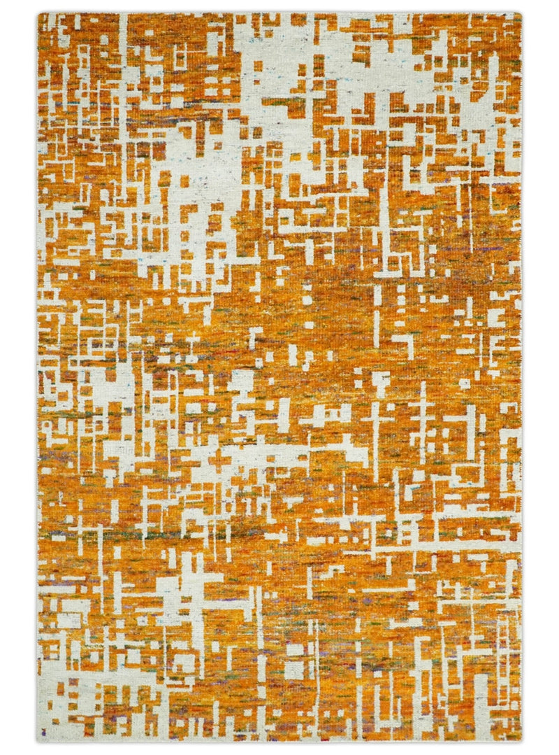 Modern Abstract 5x8 and 5.5x8.5 Gold and Ivory Recycled Art Silk Area Rug