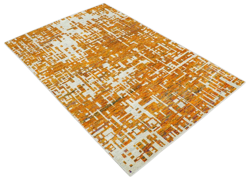 Modern Abstract 5x8 and 5.5x8.5 Gold and Ivory Recycled Art Silk Area Rug