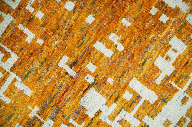 Modern Abstract 5x8 and 5.5x8.5 Gold and Ivory Recycled Art Silk Area Rug