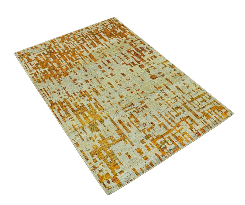 Modern Abstract 5x7 Gold and Beige Recycled Art Silk Area Rug