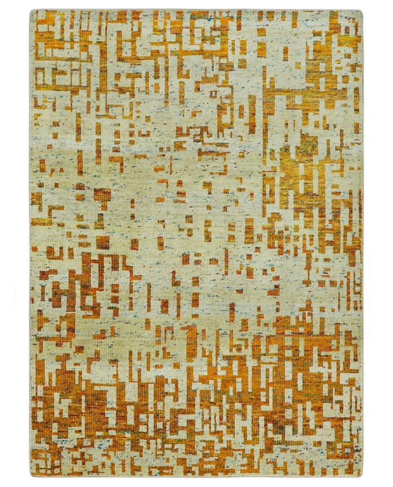 Modern Abstract 5x7 Gold and Beige Recycled Art Silk Area Rug