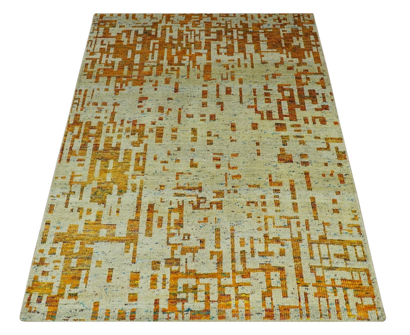 Modern Abstract 5x7 Gold and Beige Recycled Art Silk Area Rug