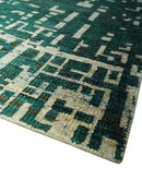 Modern Abstract 5x7.6 Hand Knotted Green and Beige Contemporary Recycled Silk Rug