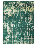 Modern Abstract 5x7.6 Hand Knotted Green and Beige Contemporary Recycled Silk Rug