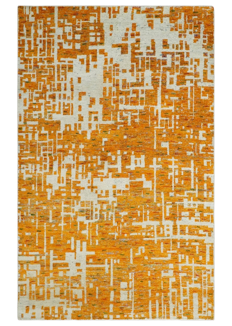 Modern Abstract 5x8 and 5.5x8.5 Gold and Ivory Recycled Art Silk Area Rug
