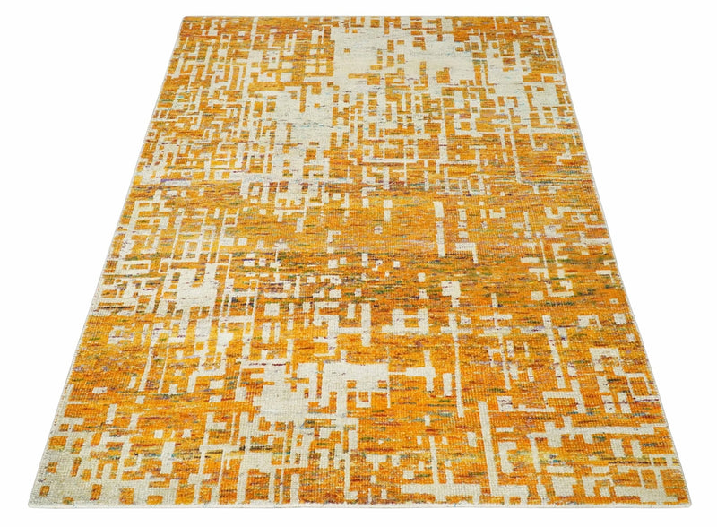 Modern Abstract 6x9 Gold and Ivory Recycled Art Silk Area Rug