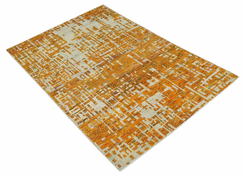 Modern Abstract 6x9 Gold and Ivory Recycled Art Silk Area Rug