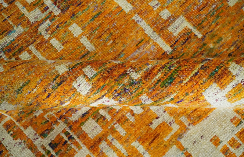 Modern Abstract 6x9 Gold and Ivory Recycled Art Silk Area Rug