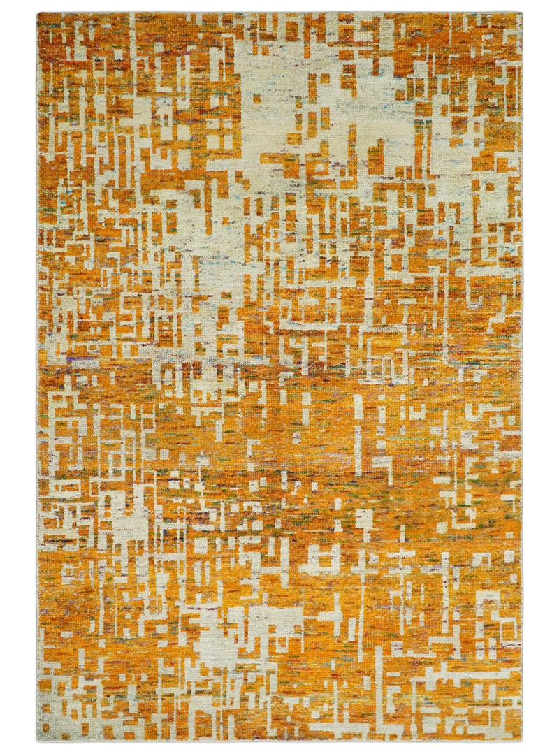 Modern Abstract 6x9 Gold and Ivory Recycled Art Silk Area Rug