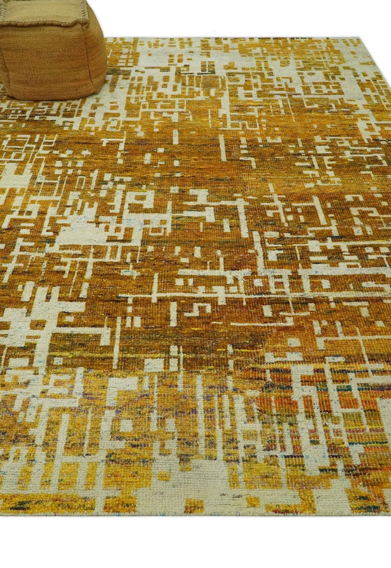 Modern Abstract 8x10 Gold, Rust and Ivory Hand Knotted Recycled Art Silk Rug
