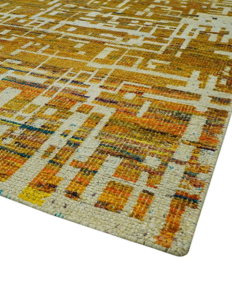 Modern Abstract 8x10 Gold, Rust and Ivory Hand Knotted Recycled Art Silk Rug