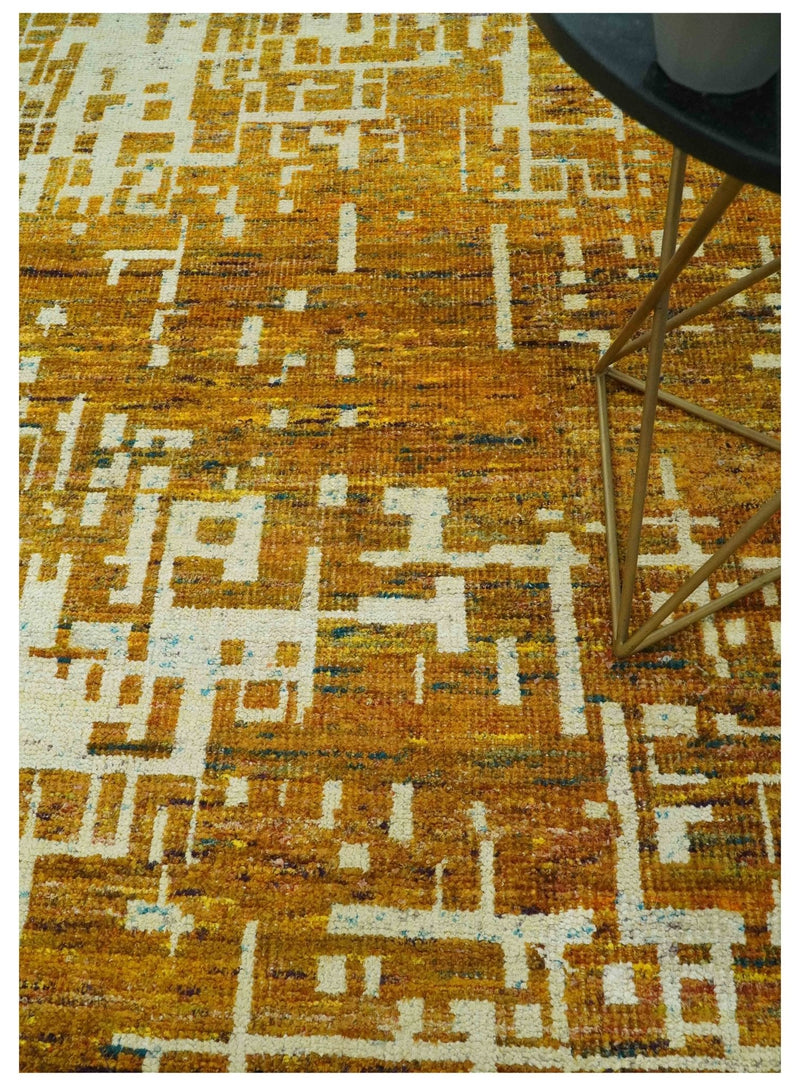 Modern Abstract 8x10 Gold, Rust and Ivory Hand Knotted Recycled Art Silk Rug