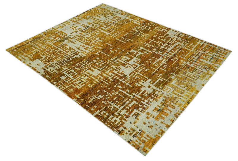 Modern Abstract 8x10 Gold, Rust and Ivory Hand Knotted Recycled Art Silk Rug