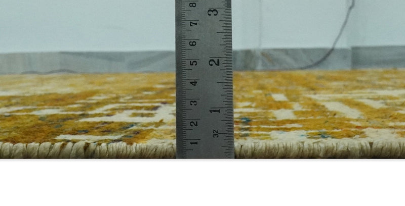 Modern Abstract 8x10 Gold, Rust and Ivory Hand Knotted Recycled Art Silk Rug