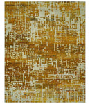 Modern Abstract 8x10 Gold, Rust and Ivory Hand Knotted Recycled Art Silk Rug