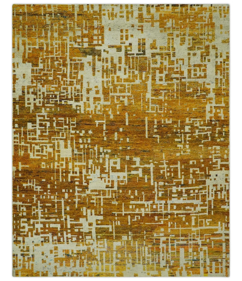 Modern Abstract 8x10 Gold, Rust and Ivory Hand Knotted Recycled Art Silk Rug