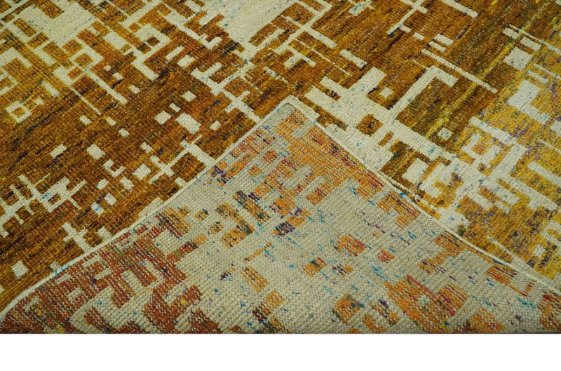 Modern Abstract 8x10 Gold, Rust and Ivory Hand Knotted Recycled Art Silk Rug