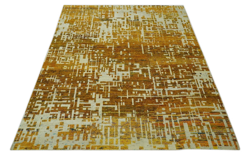 Modern Abstract 8x10 Gold, Rust and Ivory Hand Knotted Recycled Art Silk Rug