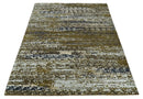 Modern Abstract 8x10 Ivory, Olive and Dark Blue Hand Knotted Bamboo Silk Area Rug by The Rug Decor