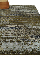 Modern Abstract 8x10 Ivory, Olive and Dark Blue Hand Knotted Bamboo Silk Area Rug by The Rug Decor