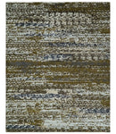 Modern Abstract 8x10 Ivory, Olive and Dark Blue Hand Knotted Bamboo Silk Area Rug by The Rug Decor