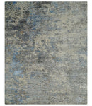 Modern Abstract Beige, Blue and Charcoal Hand knotted 8x10 wool and Bamboo Silk Area Rug