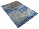 Modern Abstract Blue And Beige 4x6 Hand Knotted Bamboo Silk Rug