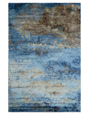 Modern Abstract Blue And Beige 4x6 Hand Knotted Bamboo Silk Rug