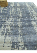 Modern Abstract Blue And Ivory Hand Knotted Wool Area Rug