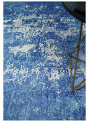 Modern Abstract Blue and Ivory Hand loom 5.6x8 Wool and Viscose Area Rug