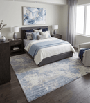 Viscose Area Rug 8x10 - Modern Abstract Blue and Ivory Hand Loom Design