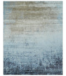 Modern abstract Blue, Aqua and Brown Hand Knotted 8x10 wool and Art silk Area Rug